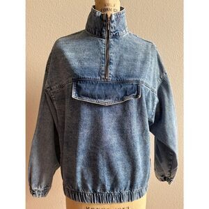 Boohoo Blue Acid Washed Pullover Jean Jacket 3/4 Zip Sz 6 EUC‎